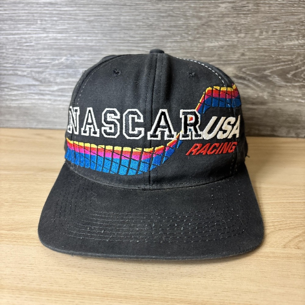 Vintage NASCAR USA Hat Cap Snap Back Black Racing Mens Auto Racing 90s